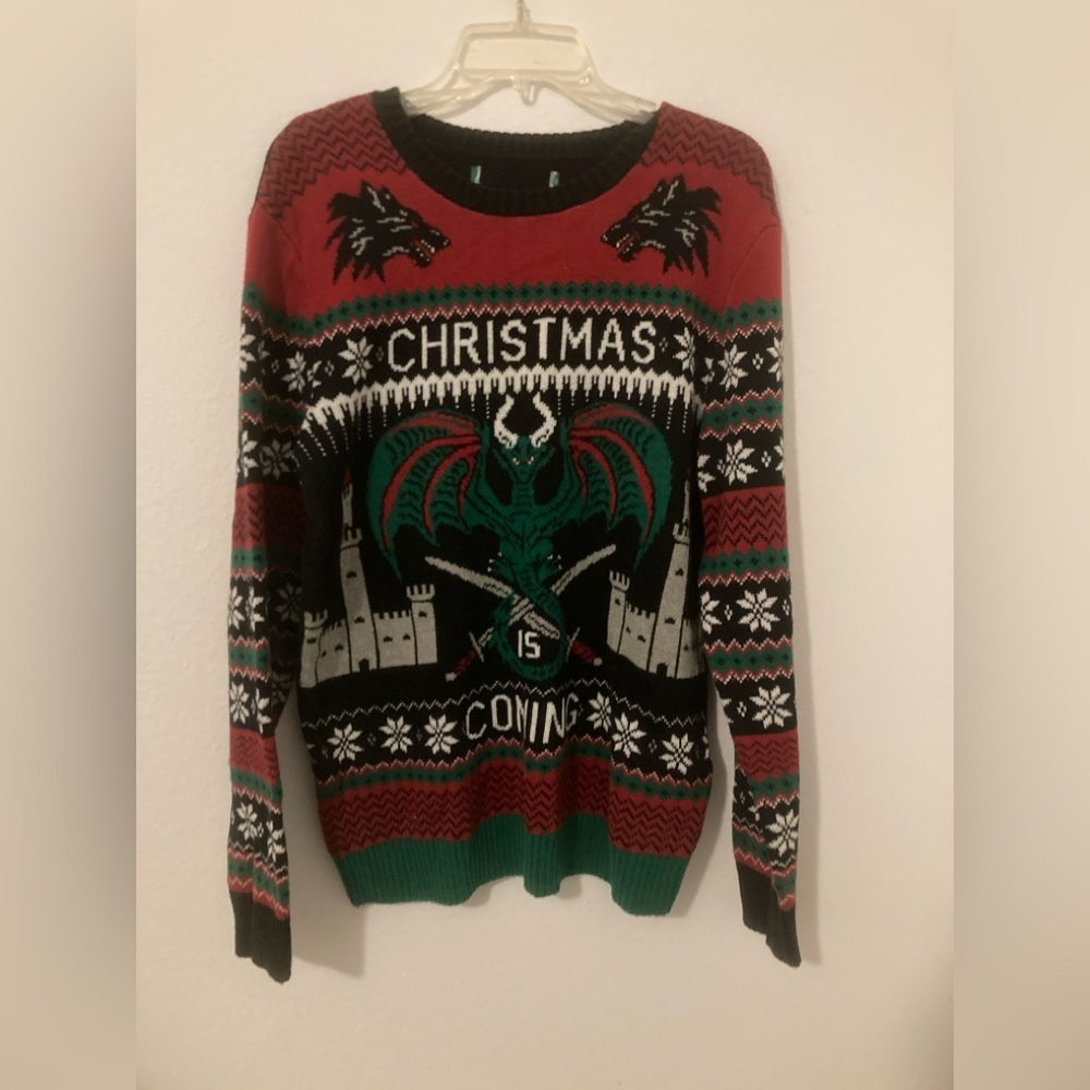 Festive Dragon Crewneck Sweater - Red, Green, and Black. See Measurements